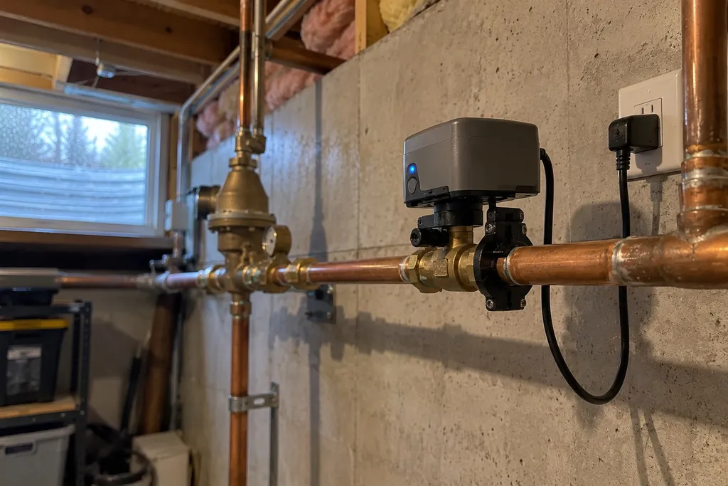 Motorized automatic shutoff valve mounted on a home's main water line