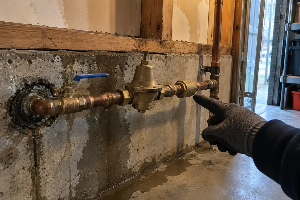 Pressure reducing valve and check valve on the main water line entering a home