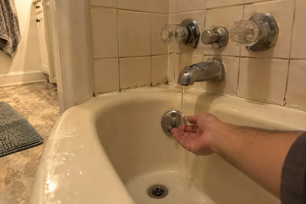 Hand testing a weak stream from a bathtub spout to check for whole-house low pressure