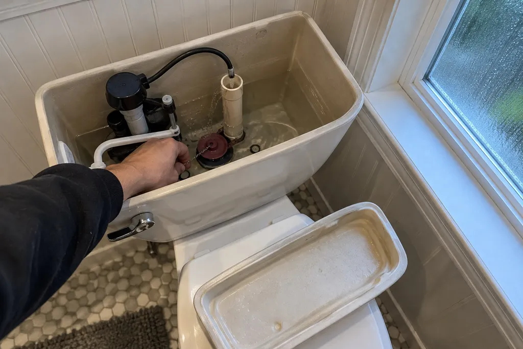 Running toilet refilling on its own with the tank lid off, a sign of high water pressure