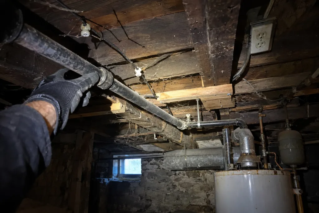 Gloved hand tracing an old gas line along basement joists with a flashlight