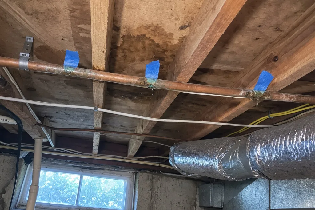 pipe-replacement-vs-repair Copper pipe run with painter's tape flags marking several repeat leak spots