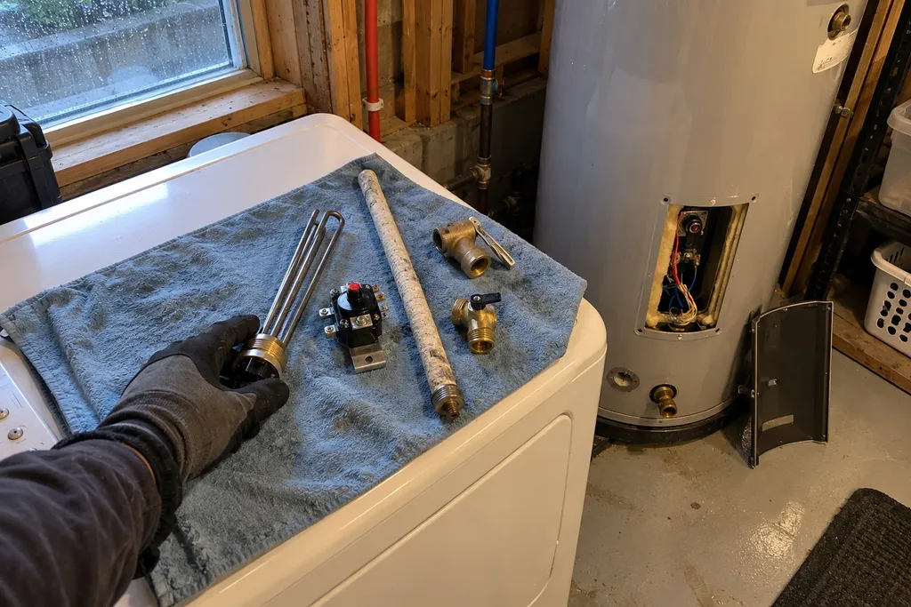 Replacement water heater parts on a dryer beside an electric tank: element, thermostat, anode rod, drain valve