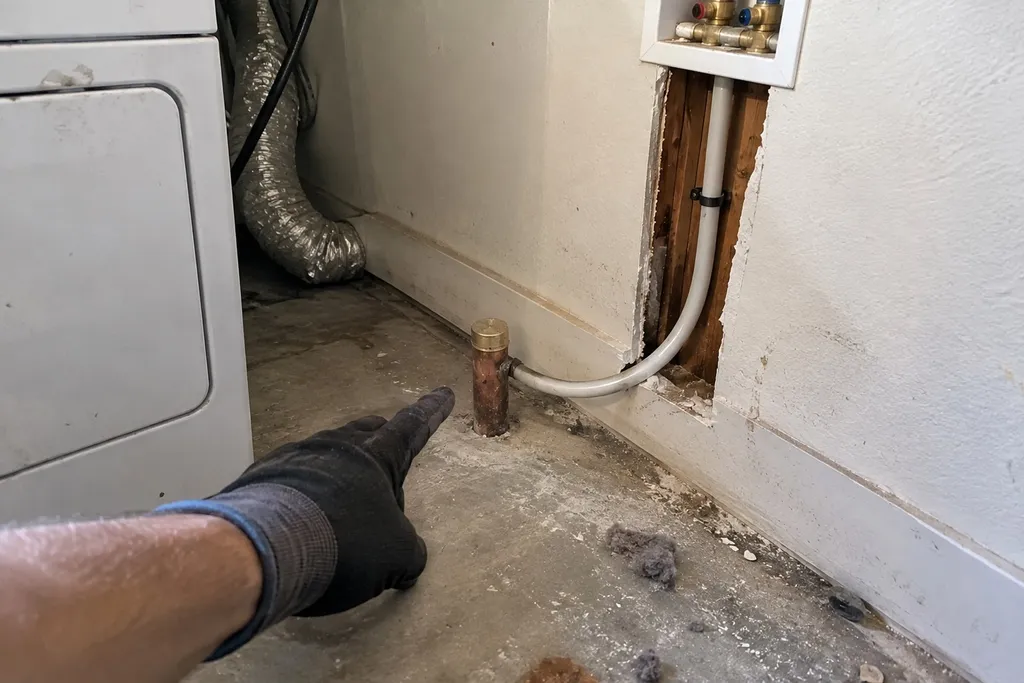 pipe-rerouting-vs-repair-repipe Old copper line capped at a concrete floor while a new line runs up the wall above it