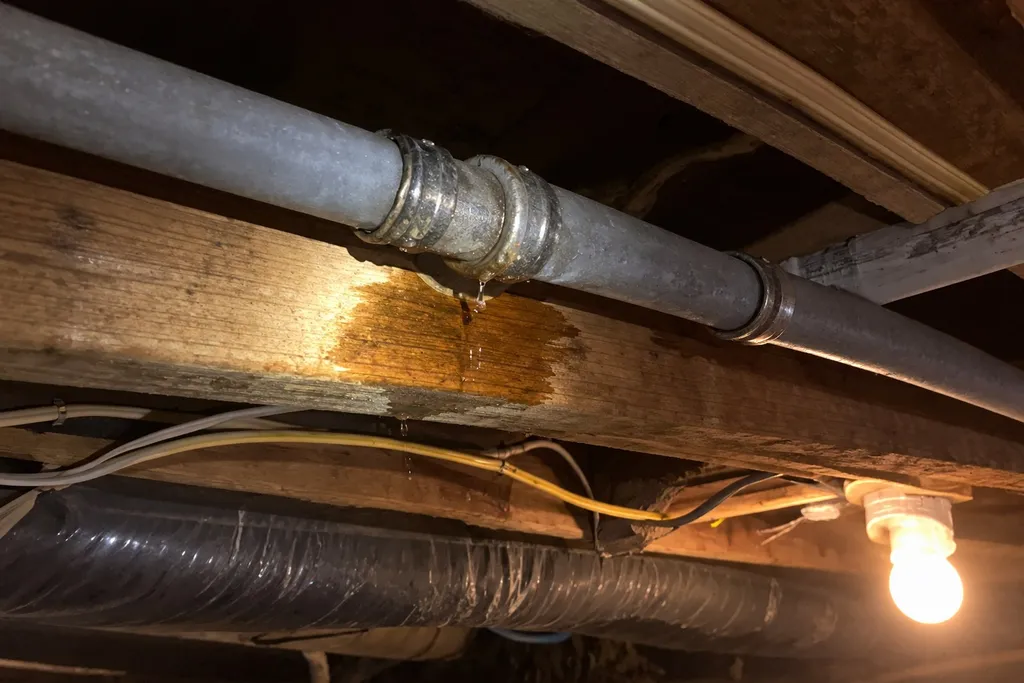 Gray polybutylene pipe with crimp rings dripping at a fitting on a basement ceiling