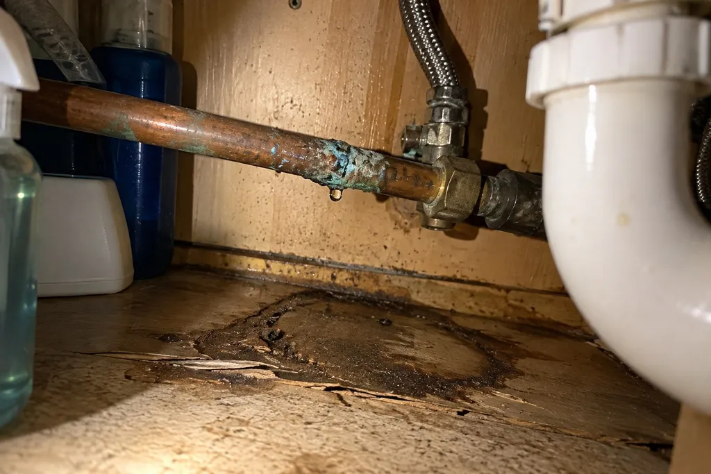 Green crusty corrosion spot with a water bead on a copper pipe under a kitchen sink