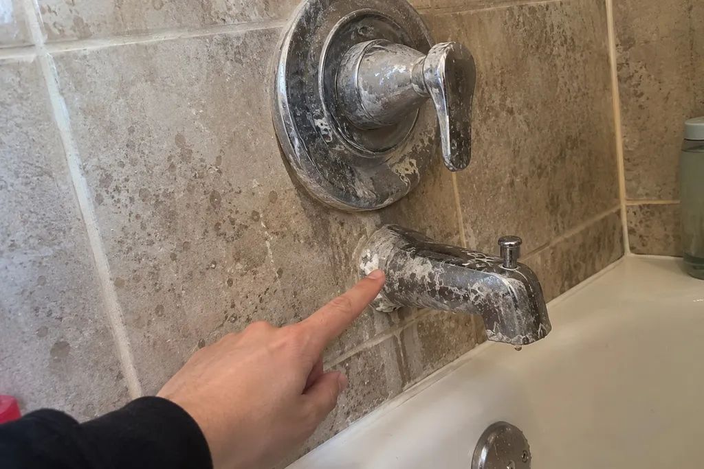 White hard-water crust on a tub spout and shower valve that RO cannot fix