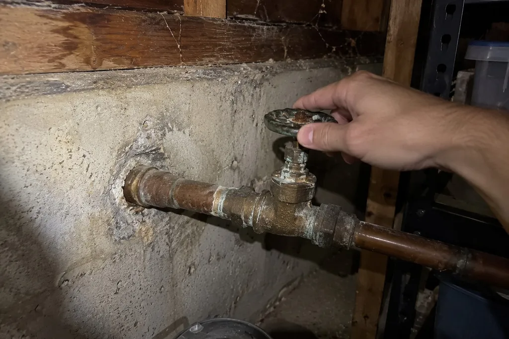 Homeowner gently turning an old wheel-style main shut-off valve in a basement