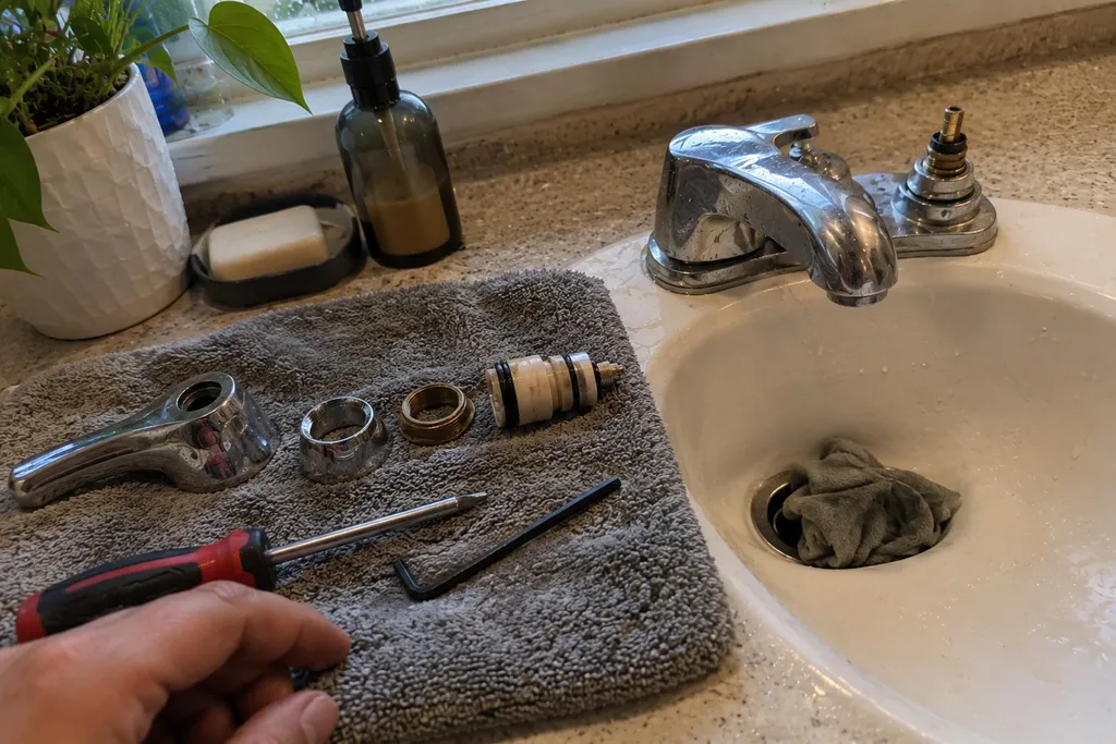 Faucet parts laid out in order on a towel with a rag stuffed in the drain