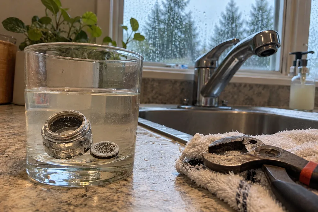 Faucet aerator soaking in white vinegar beside cloth-wrapped pliers on a kitchen counter