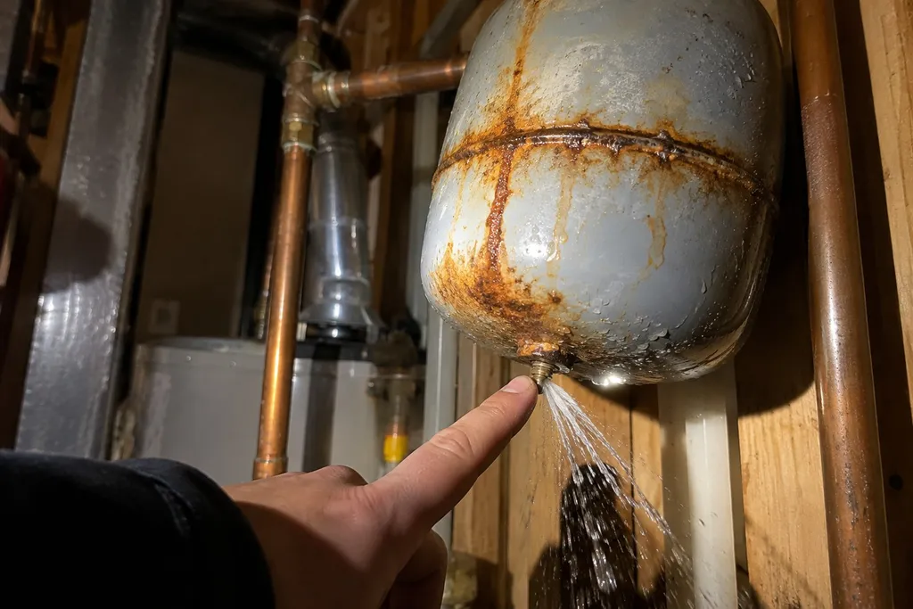 Finger pressing an expansion tank air valve with water spitting out, rust on the seam