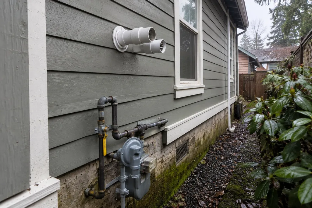 New tankless vent termination on the side of an older craftsman home in rainy weather