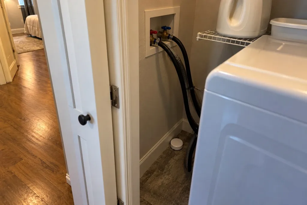 Leak sensor on the floor behind a washing machine in an upstairs laundry closet