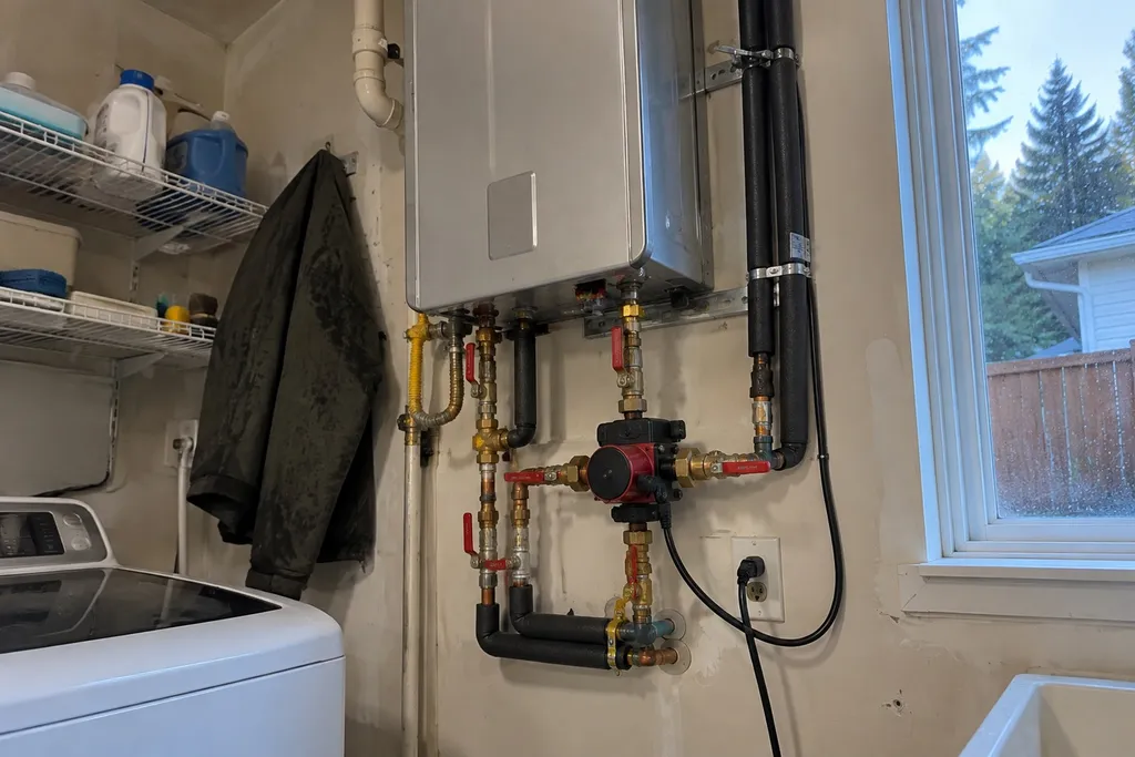recirculation-pump-heater-types Compact recirculation pump plumbed under a wall-mounted tankless water heater