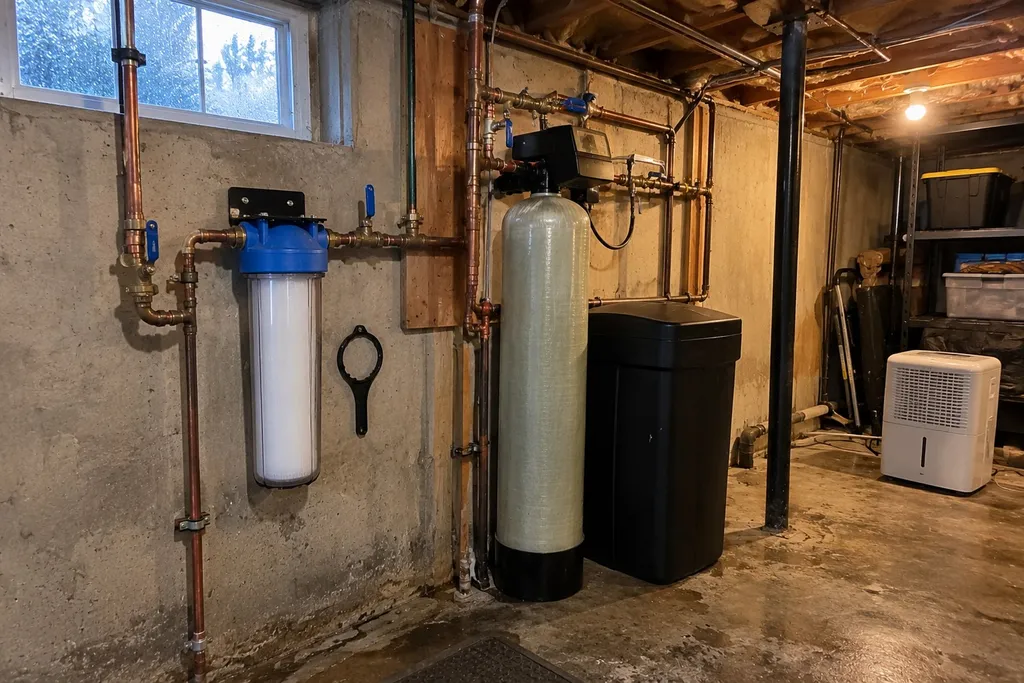 Whole-house filter beside a water softener and brine tank in a basement utility area