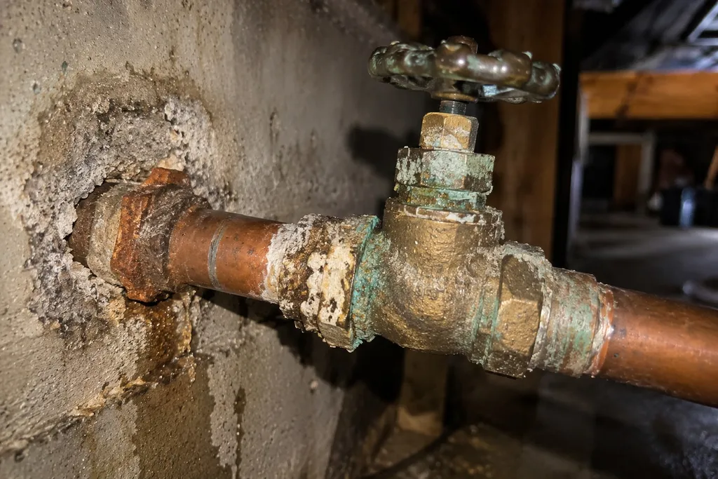 Corroded main shut-off valve crusted with green and white mineral buildup