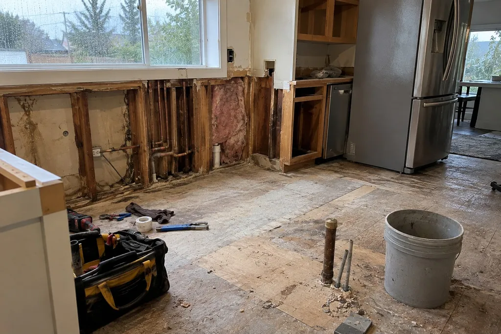 pipe-rerouting-situations Kitchen remodel with exposed studs and old supply pipes on a cold exterior wall