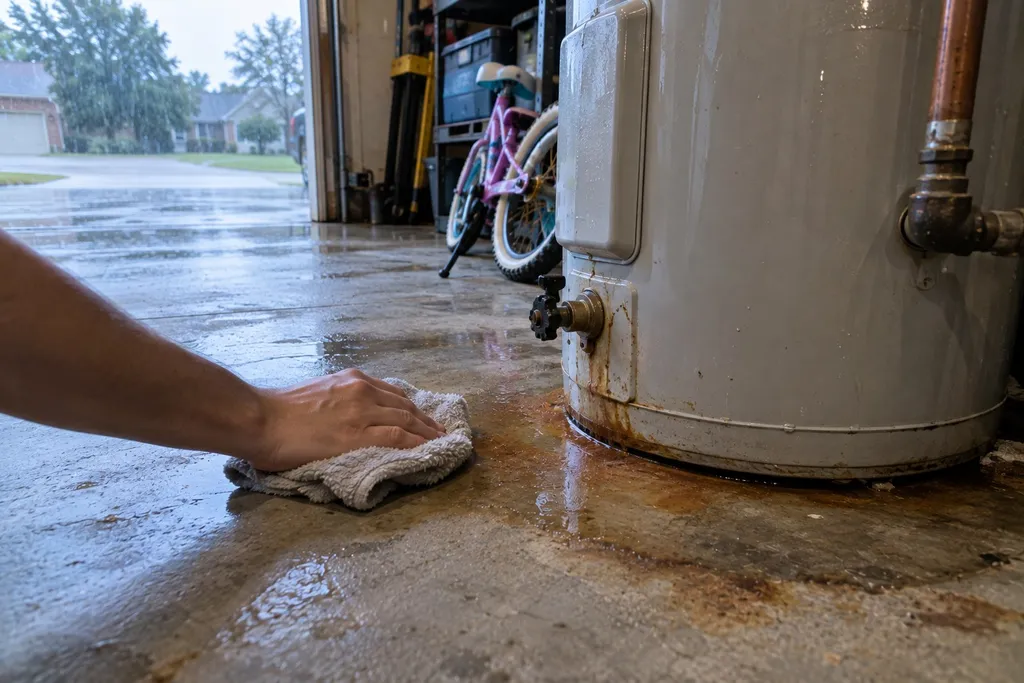 Damp ring and rust stain on the floor around the base of a water heater in a garage