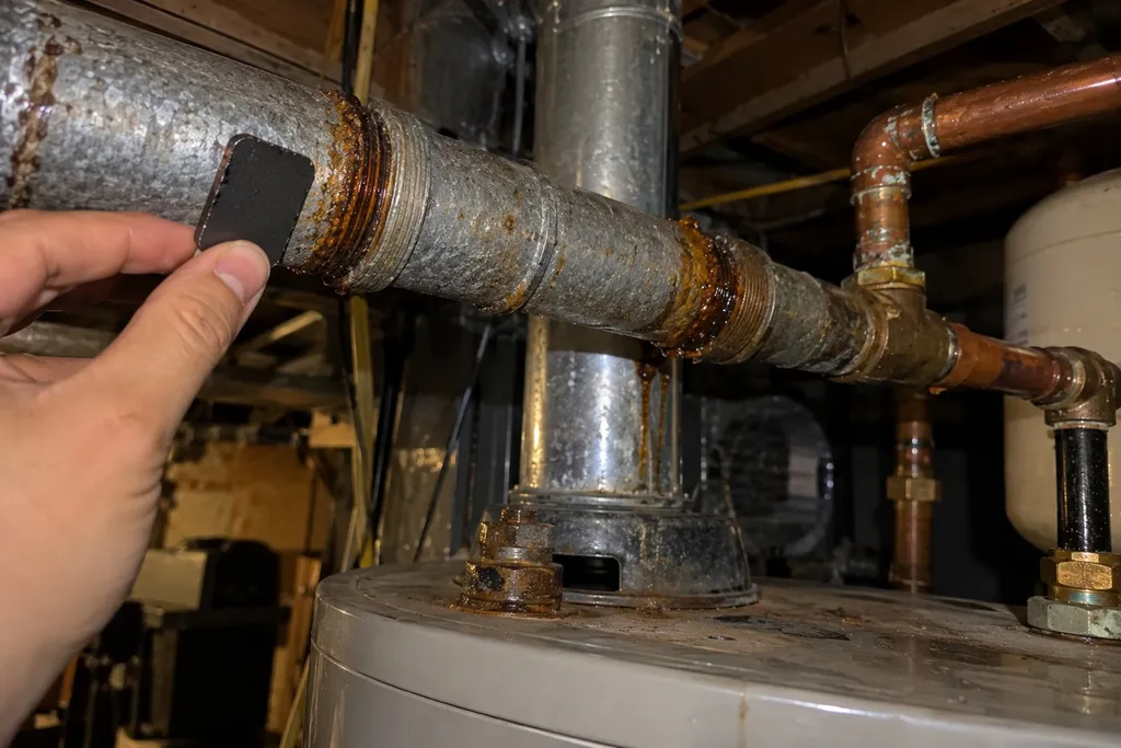 pipe-replacement-failure-signs Fridge magnet stuck to dull gray galvanized pipe near a water heater