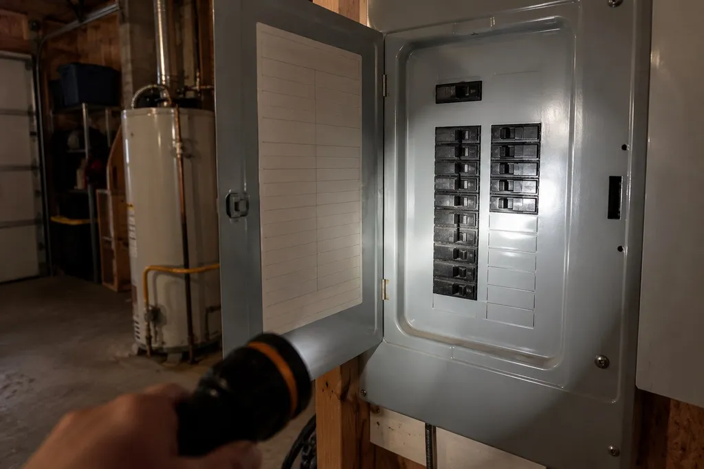 Flashlight on an open electrical panel showing a double-pole water heater breaker