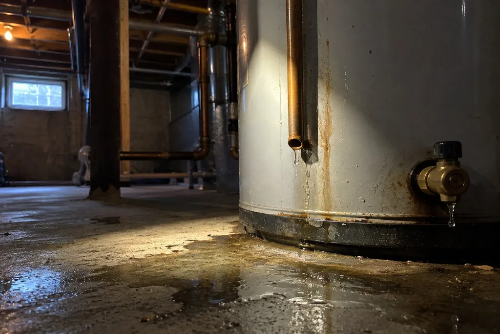 Relief valve discharge pipe dripping into a small puddle beside a water heater