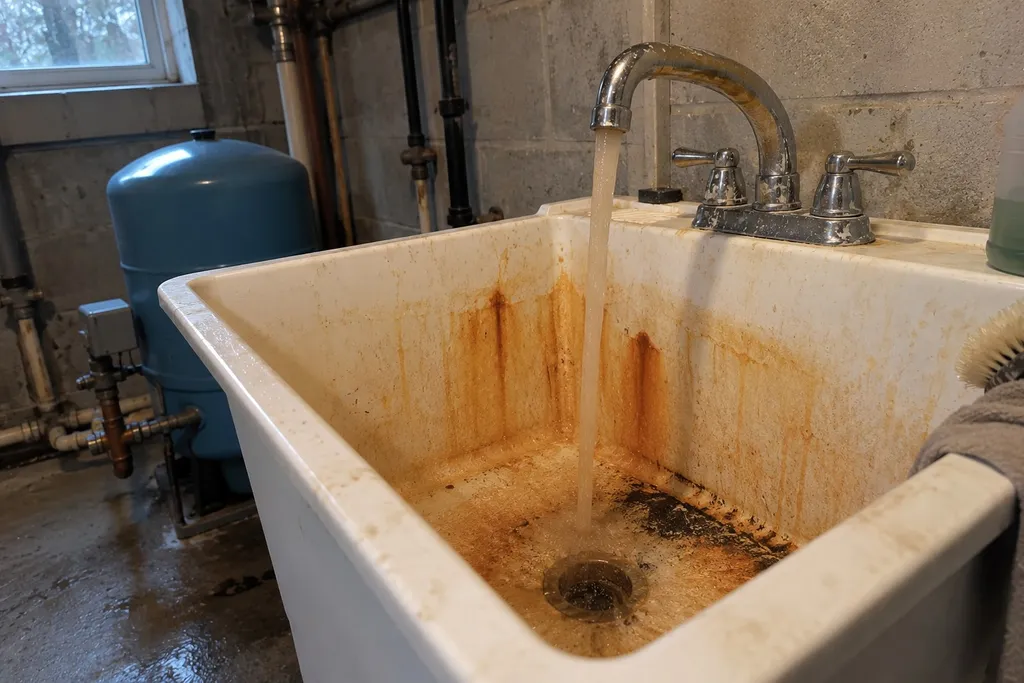 Orange iron and dark manganese stains in a utility sink from well water