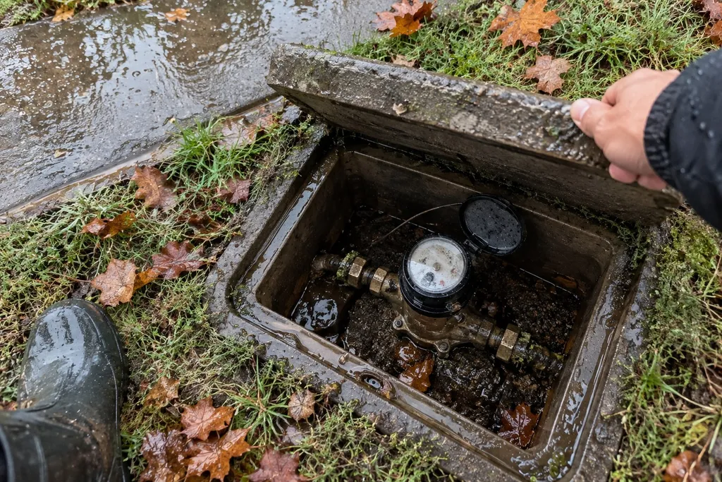 Water meter box lid lifted in a wet front yard to check for a hidden leak