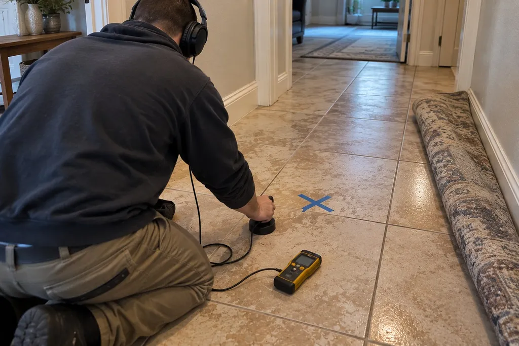 Acoustic leak detection on a tile floor with a taped mark over the leak spot