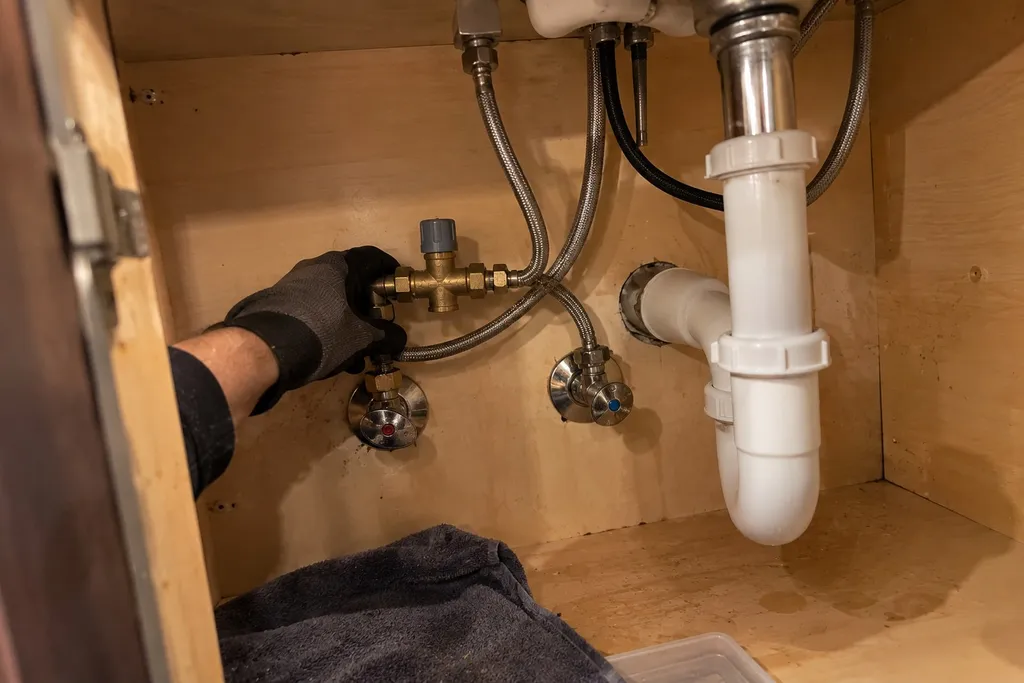recirculation-pump-install-process Gloved hand fitting a crossover valve under the farthest bathroom sink