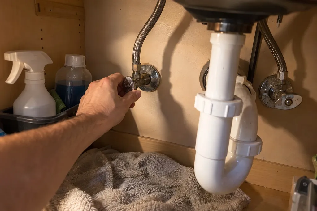 Hand turning a fixture shut-off valve under a bathroom vanity