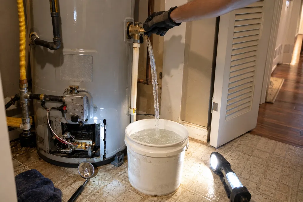Technician testing a water heater relief valve with water discharging into a bucket