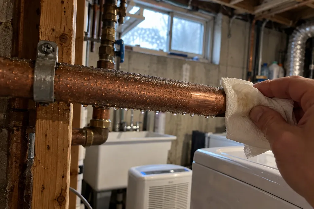 Sweating cold water pipe with condensation beads being wiped with a paper towel