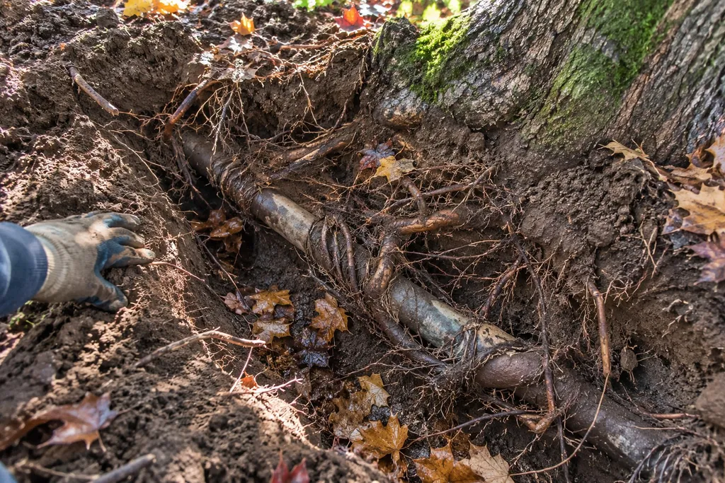 Tree roots wrapped around an old water line in an excavation near a maple