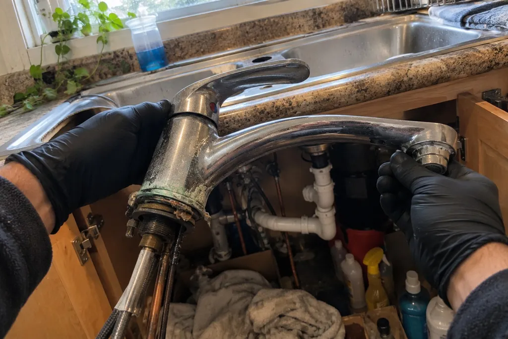 Cracked, crusted old faucet body held up beside an open sink cabinet