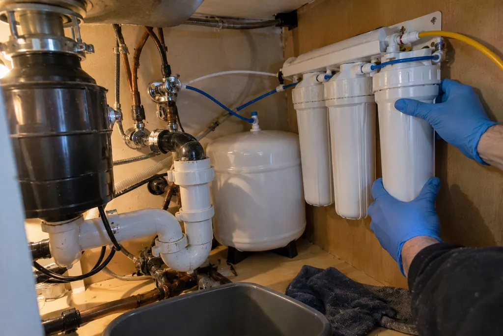 Gloved hands mounting reverse osmosis filters and tank under a kitchen sink