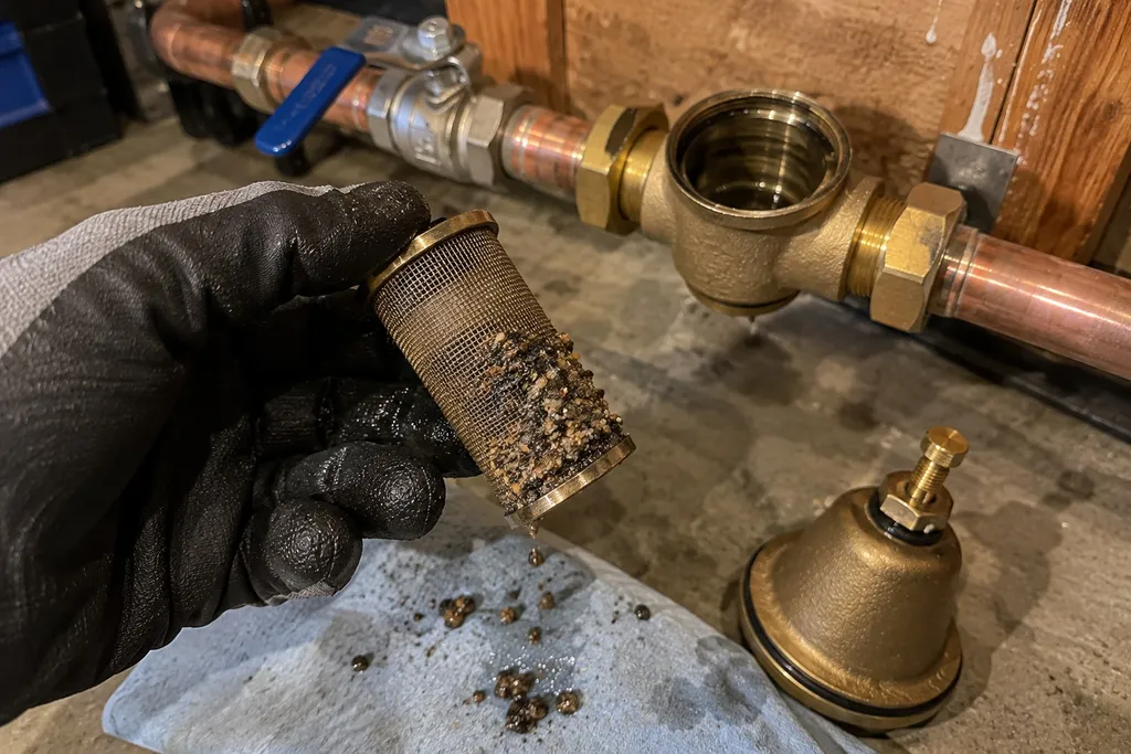 Gloved hand holding a grit-clogged strainer screen pulled from a pressure regulator