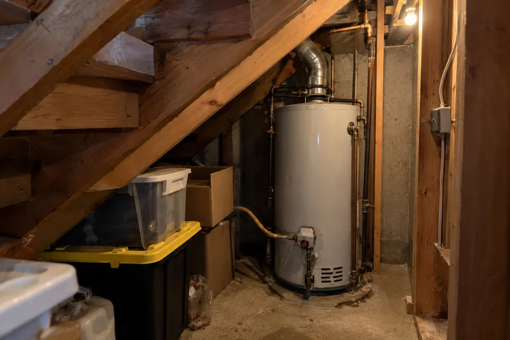 Short gas water heater tucked under a sloped stair ceiling with no room for a heat pump unit