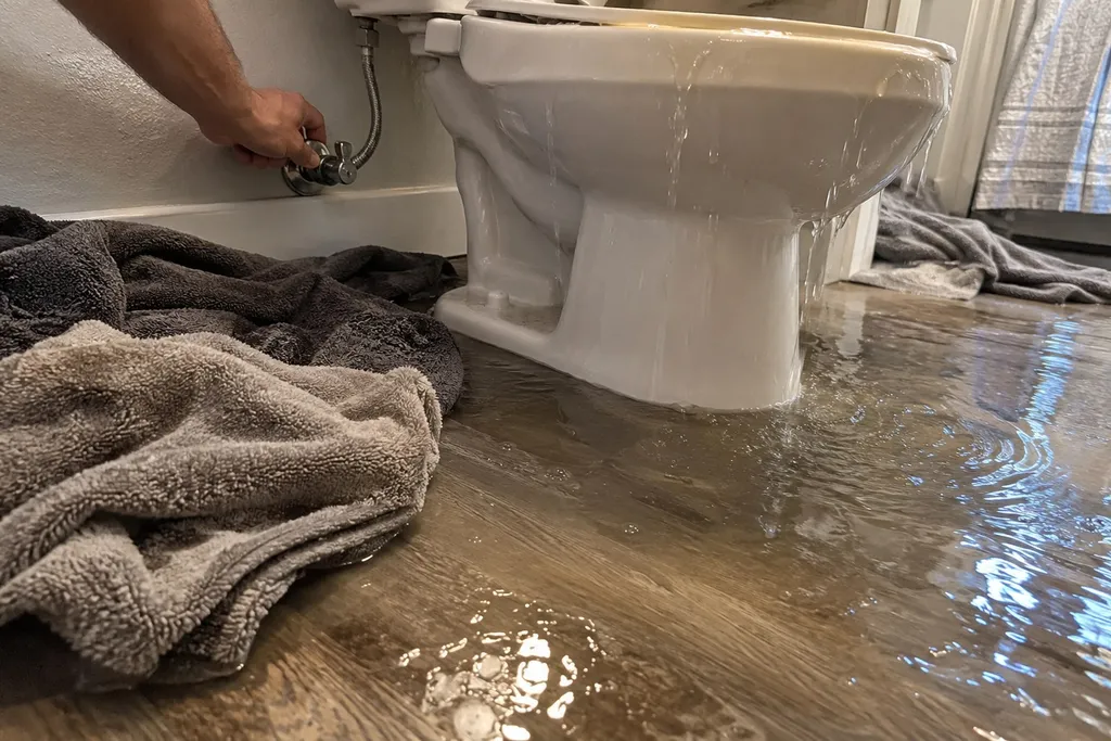 Toilet overflowing onto a tile floor while a hand reaches for the shutoff valve