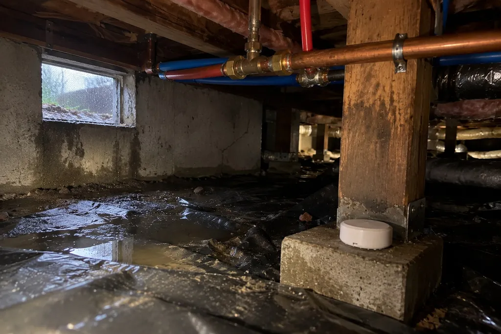 Leak sensor raised under pipes in a damp crawlspace with rainwater seepage