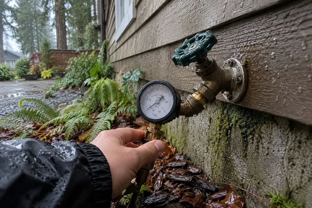 Pressure gauge screwed onto an outdoor hose bib on a rainy Oregon house
