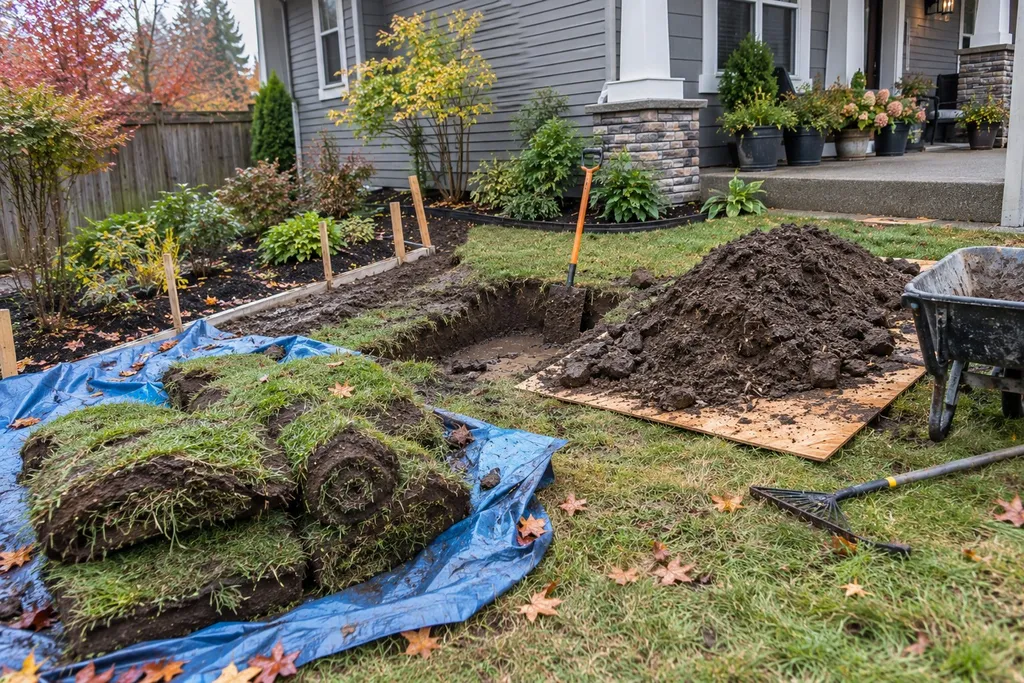 Sod rolled onto a tarp and plywood protecting the lawn around a small dig