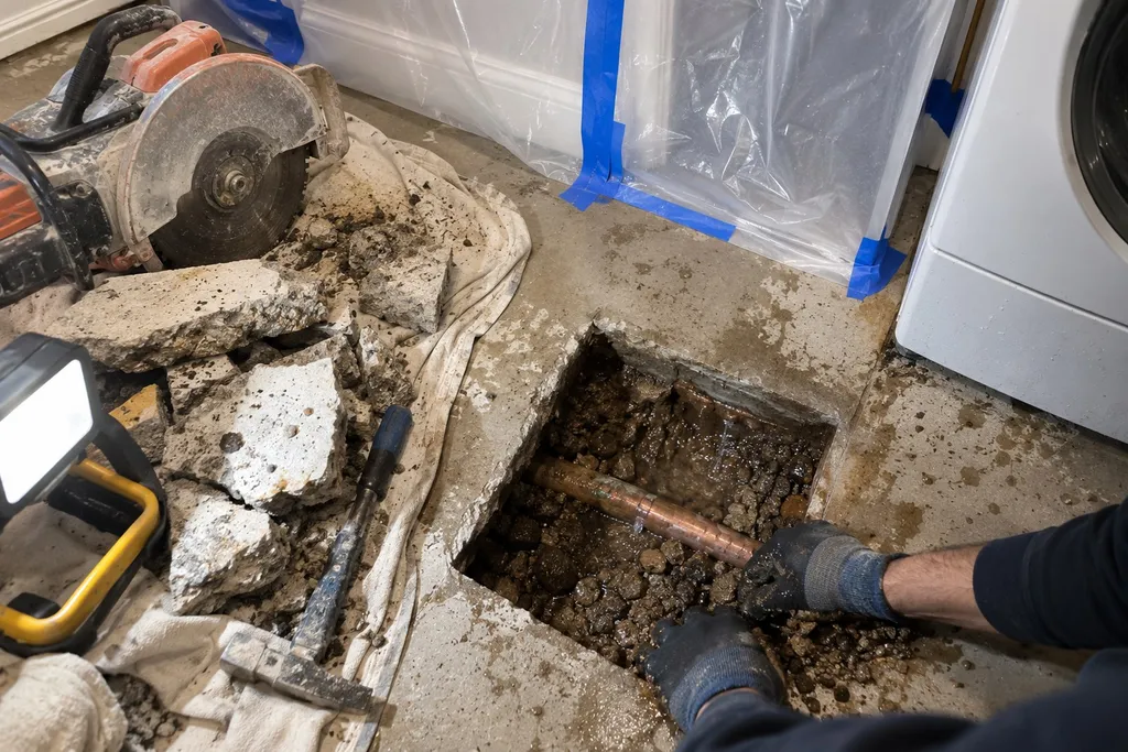 Small cut opening in a laundry room concrete slab exposing a leaking copper line
