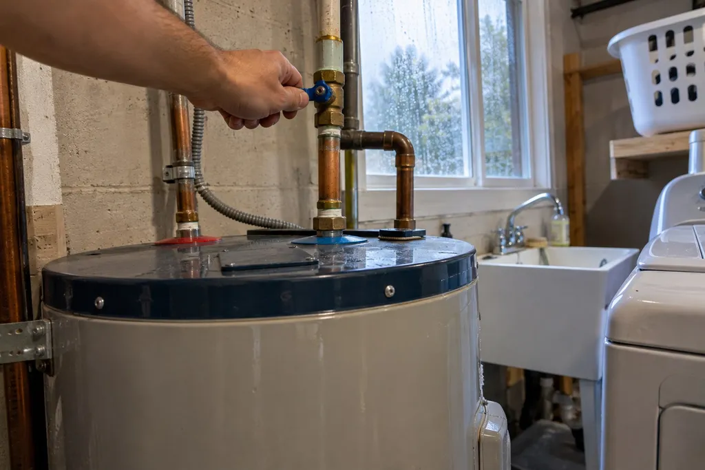 Homeowner turning the cold water shutoff above a water heater in a laundry room