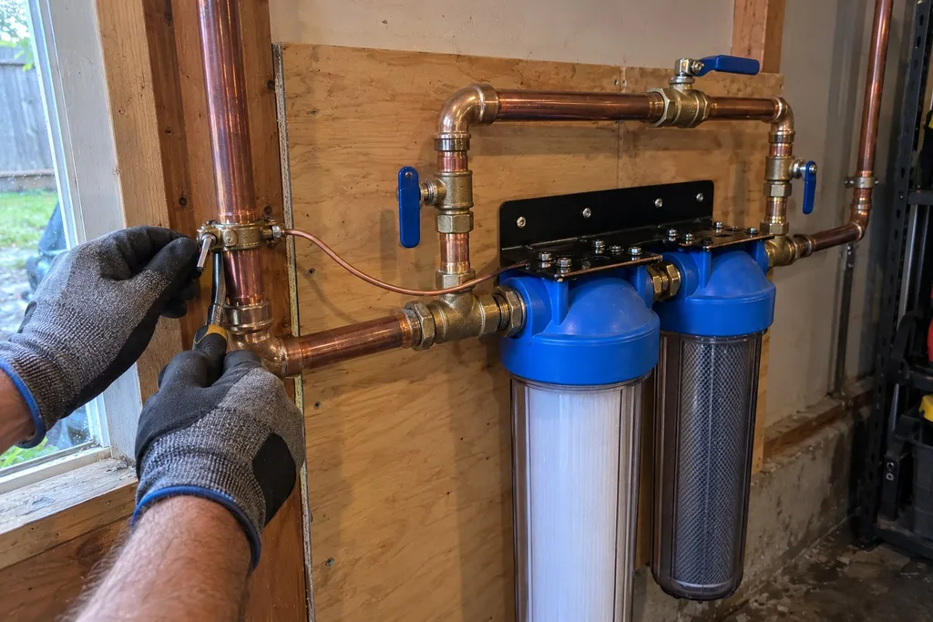 Gloved hands clamping a ground bonding jumper across a new whole-house filter