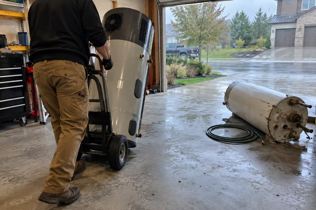 Tall heat pump water heater on a hand truck being wheeled into a garage