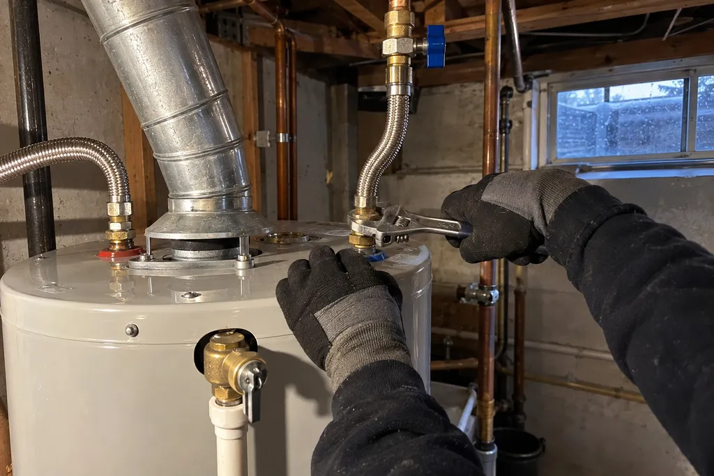 Gloved hands connecting a flex water line to a new water heater with a wrench