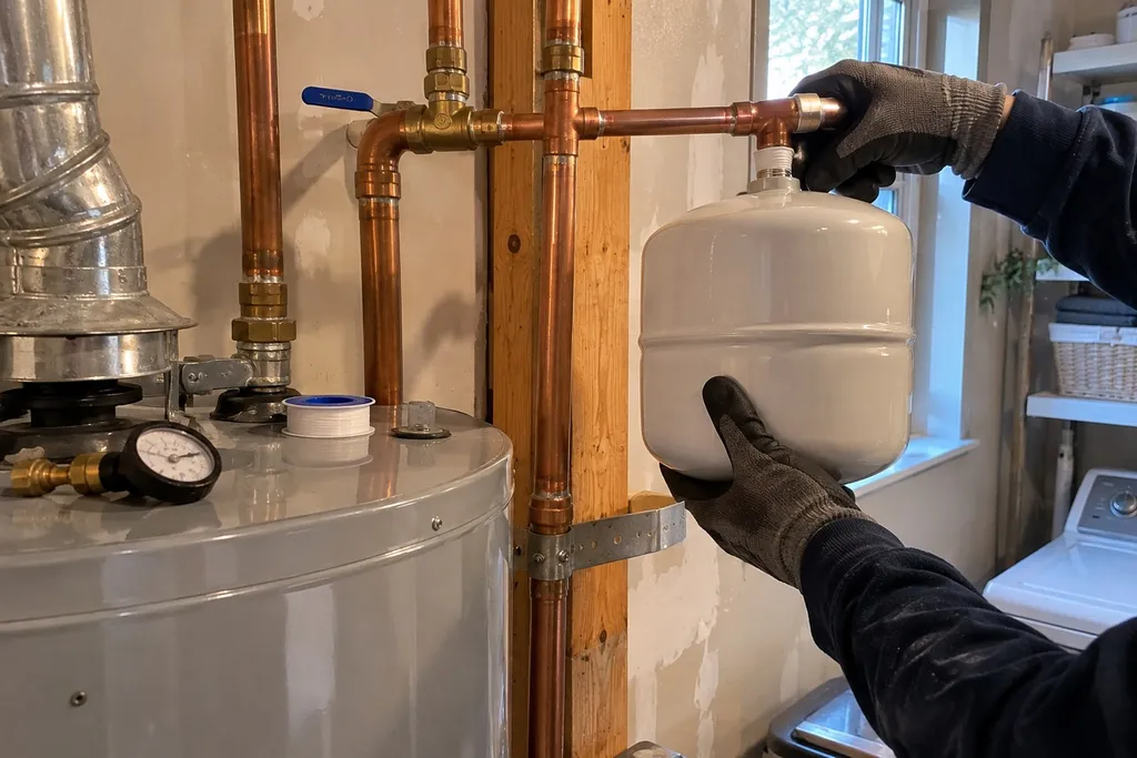 Gloved hands threading a new expansion tank onto a cold water tee near a water heater