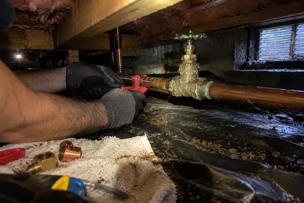Plumber cutting the main water pipe in a tight crawlspace