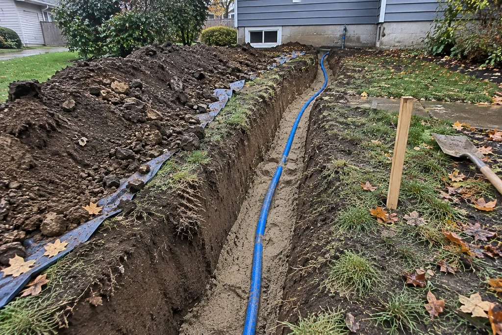 Open trench with a new water line bedded at depth awaiting inspection