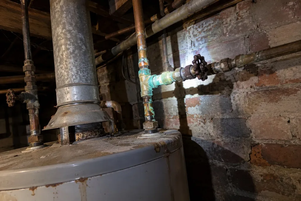 recirculation-pump-permits Aging mixed galvanized and copper pipes at an old water heater in an older home